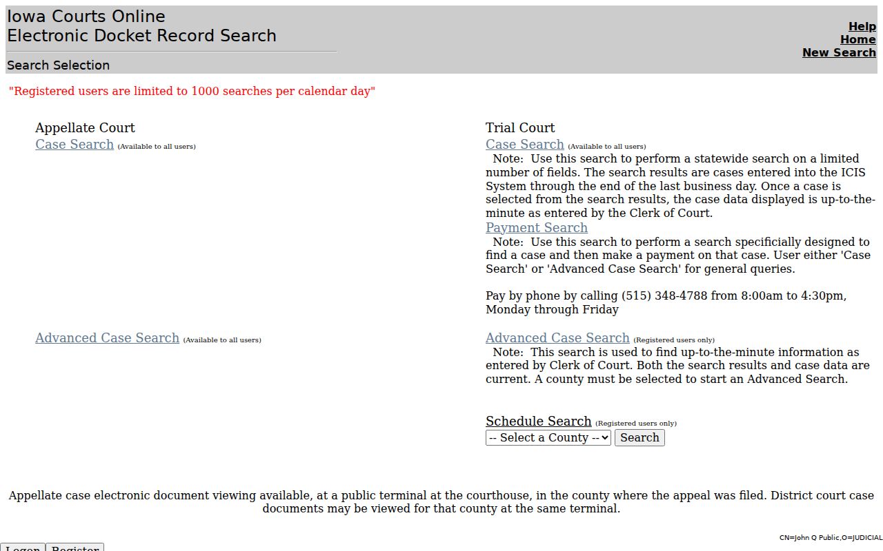 Iowa Courts Online search entry used for Winneshiek County warrant records