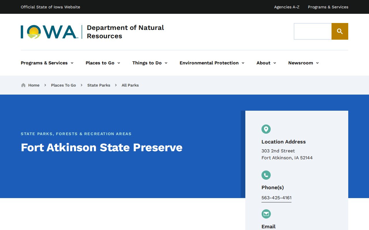 Official Iowa DNR Fort Atkinson place page, not a city warrant portal